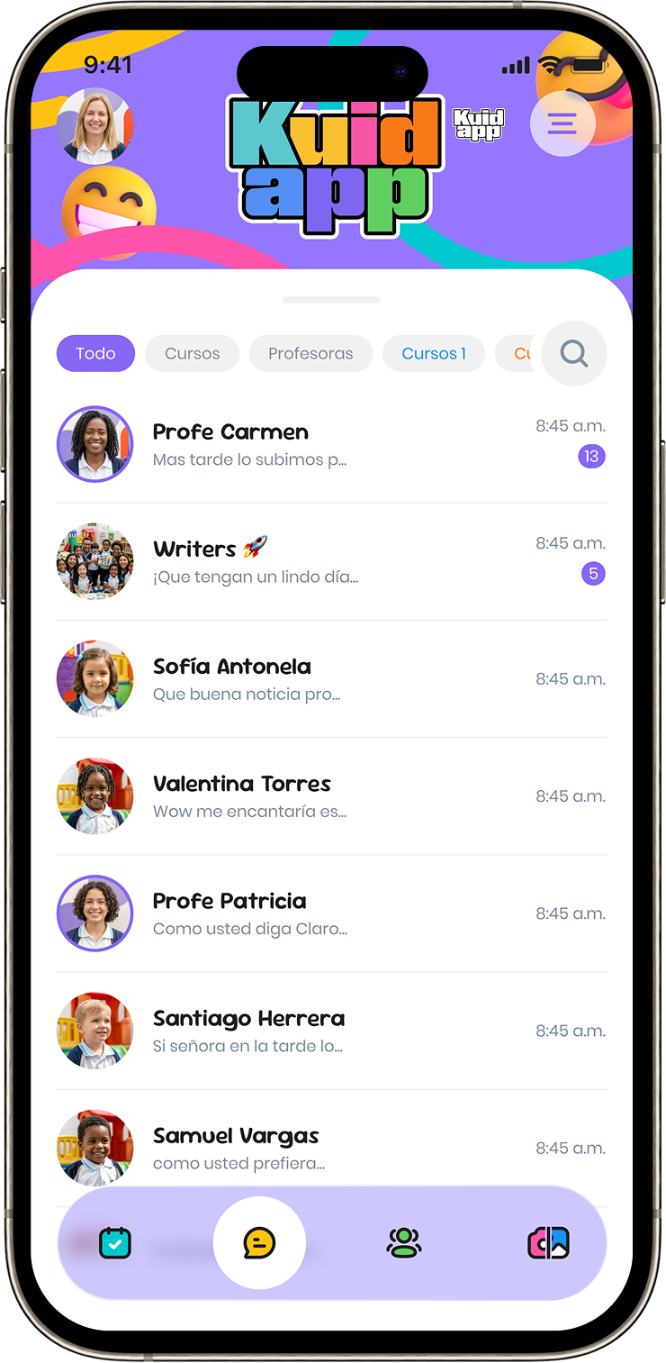 Pantalla del chat directo entre docentes y familias en KuidApp