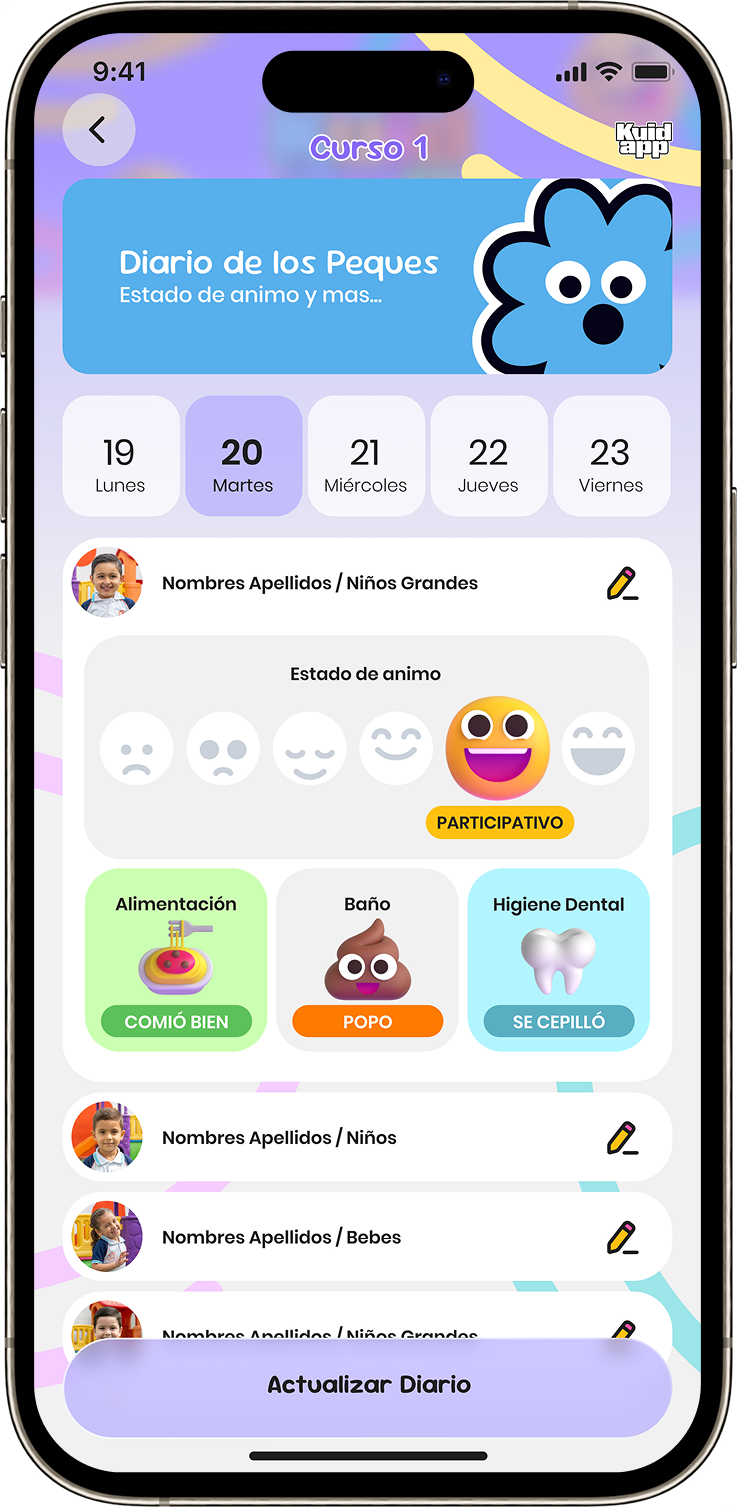 Pantalla del diario de los peques en la app KuidApp
