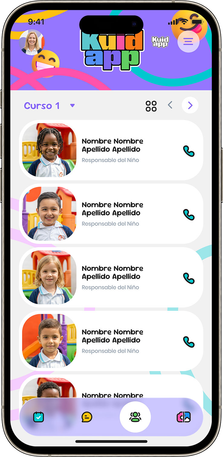 Pantalla de ficha e información de cada niño en KuidApp