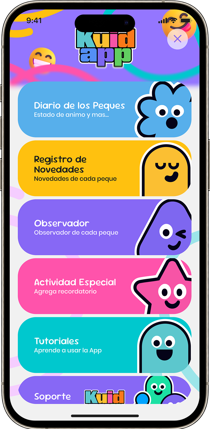 Pantalla del observador y registro de novedades del niño en KuidApp